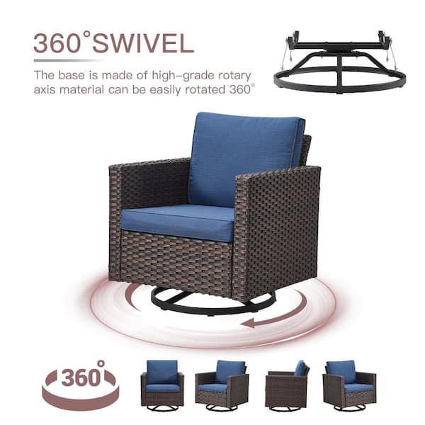9-Piece Brown Wicker Fire Pit Conversation Set with Olefin Blue Cushions and Sectionsal Sofa/Swivel Gliders