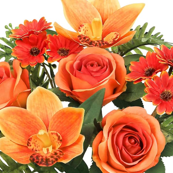 16 in. Orange Artificial Mixed Rose Cymbidium Orchid Daisy Flower Stem Bush Bouquet (Set of 2)