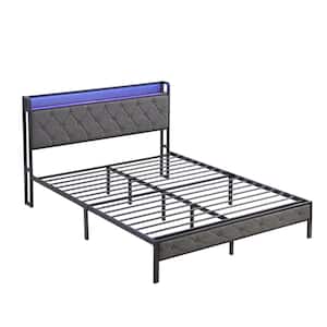 Modern Gray Upholstered Metal Frame Queen Platform Bed Frame with Storage Headboard Charging Station and LED Lights