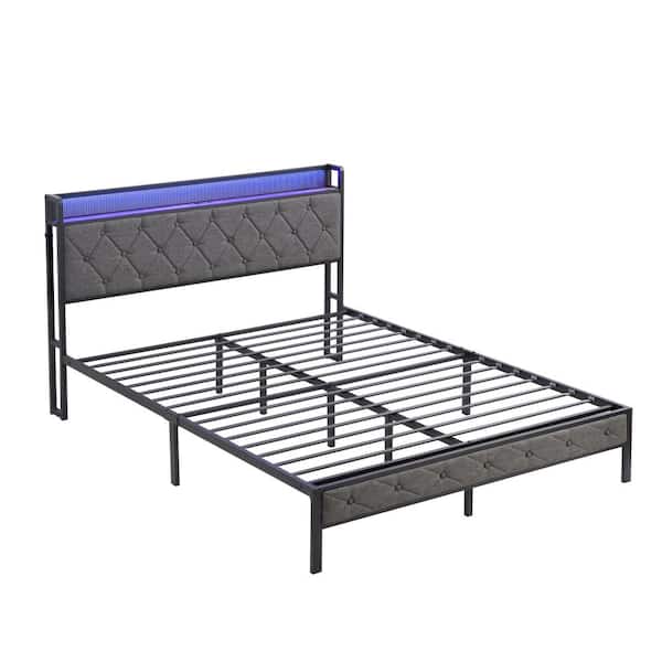 HOMEFUN Modern Gray Upholstered Metal Frame Queen Platform Bed Frame with Storage Headboard Charging Station and LED Lights