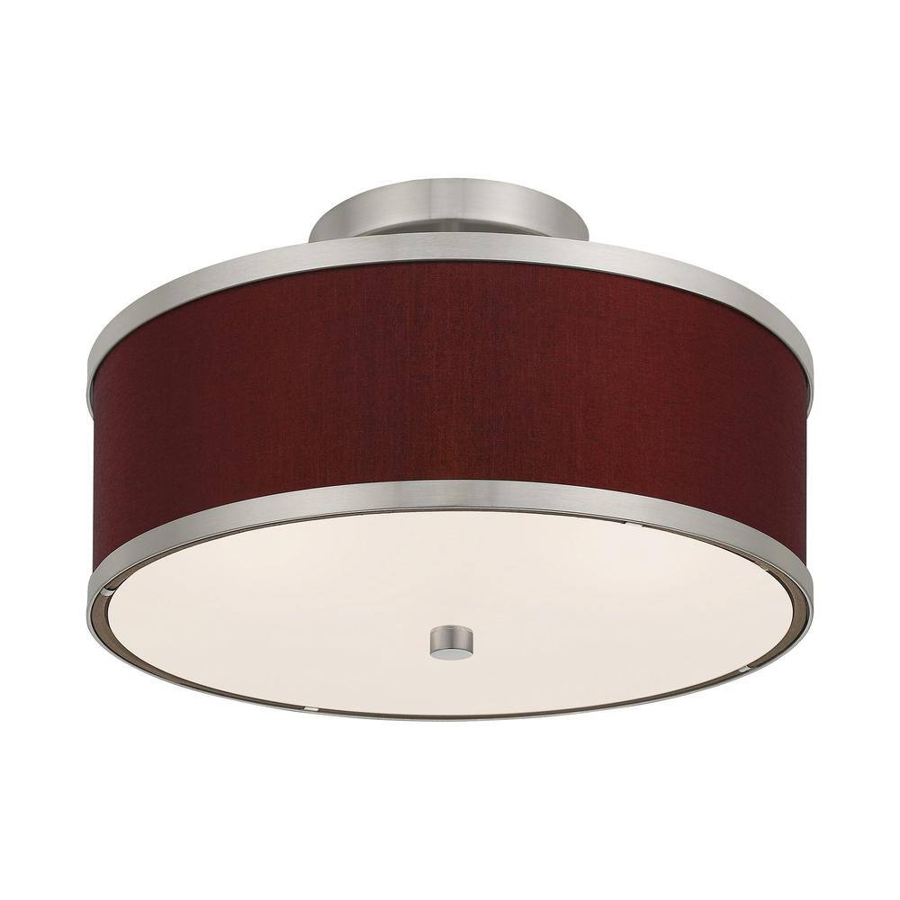 Brushed Nickel 2-Light Semi-Flush Mount with Red Wine Fabric Shade