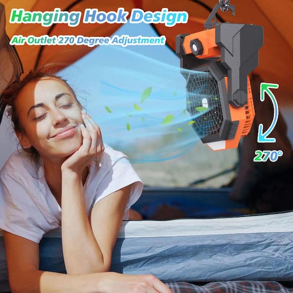 Adrinfly - Camping Fan 10400mAh Portable USB Powered 7 in. 1 fan speeds Desk Fan in Orange with LED Lantern for Camping w/Hook