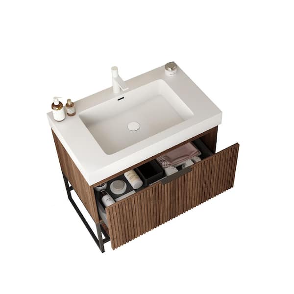 30 in. Single Sink Brown Oak Bath Vanity with White Acrylic Integrated Basin without Faucet