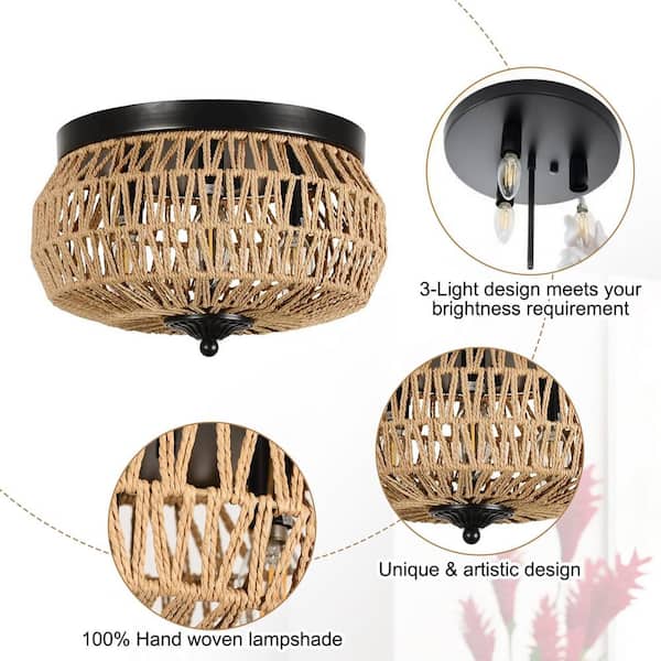 Jushua 12.6 in. W 3-Light Brown Woven Rattan Flush Mount Ceiling