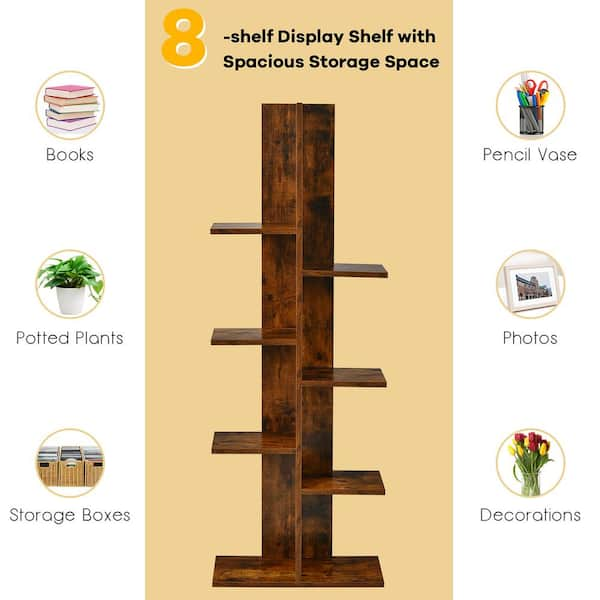 Costway 55.5 in. x 20 in. 8-Shelf Wood Bookcase Freestanding Tree Shelf Display Storage Stand, Brown