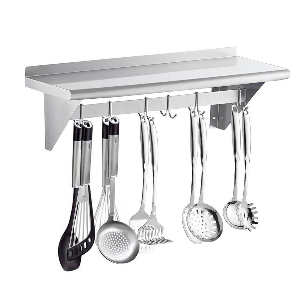 36" Stainless Steel Wall Mounted Shelf with Hooks and Brackets
