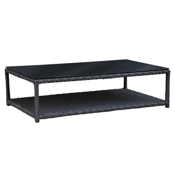 Zeus & Ruta 39.4 in. W x 22.4 in. D x 19.7 in. H Rectangle Rattan Wicker Black Coffee Table with Bottom Shelf for Patio Garden Porch