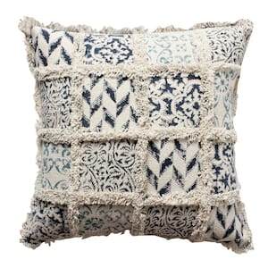 18 in. x 18 in. Square Cotton Accent Throw Pillow, Fluffy Fringes, Soft Block Print Raised Pattern, Cream and Blue