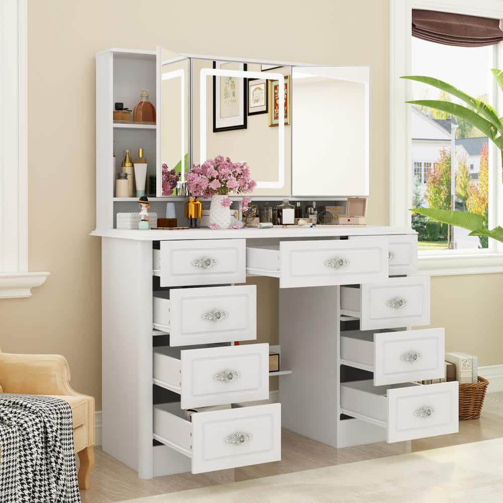 White Makeup Vanity Table Dressing Desk W/3-Mirrors,LED Lighted, 9-Drawers, Hidden Storage Shelves, Carved Metal Handles - thumbnail 3