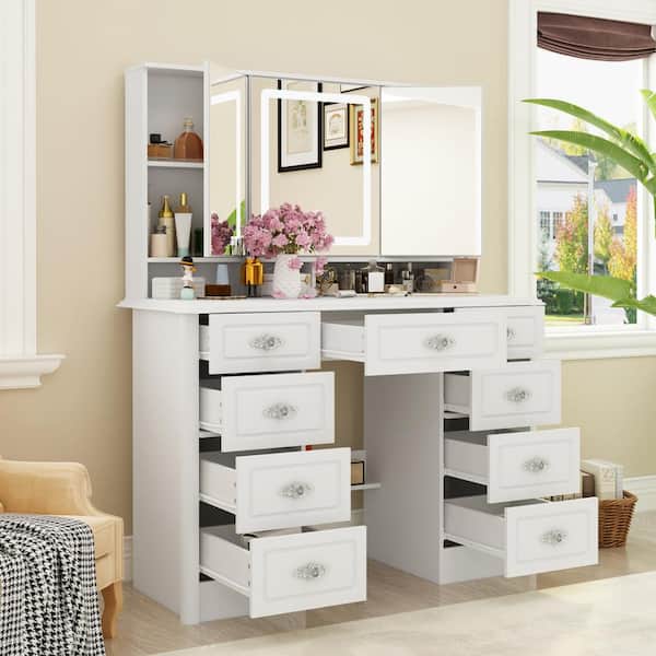 Modern White Dressing Table Set with Mirror and Tufted Stool - Geometrical  Design - Makeup Vanity Desk with Storage Cabinet - Ideal for Ladies'  Bedroom, Studio, and More