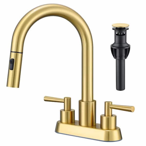 4 in. Centerset Double Handle High Arc Bathroom Sink Faucet with Pull Out Sprayer and Pop Up Drain in Brushed Gold