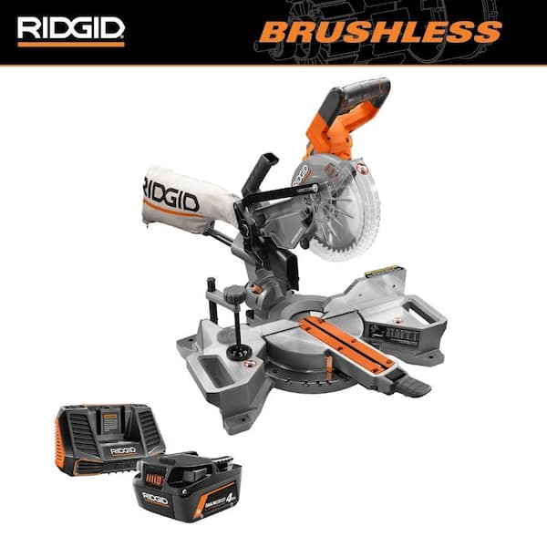 RIDGID 18V Brushless 7-1/4 in. Dual Bevel Sliding Miter Saw with 18V Lithium-Ion MAX Output 4.0 Ah Battery and Charger