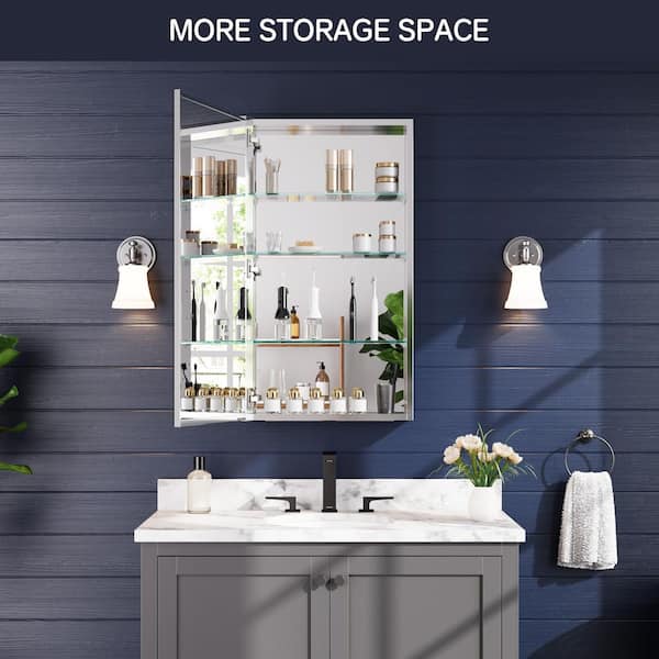 20 in. W x 36 in. H Rectangular Silver Aluminum Recessed/Surface Mount Reversible Medicine Cabinet with Soft-Close Door