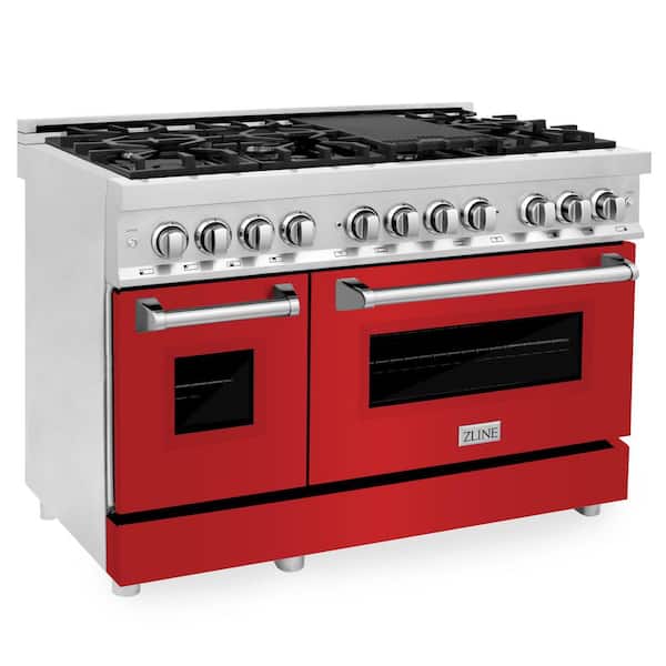 ZLINE Kitchen and Bath 48 in. 7 Burner Double Oven Dual Fuel Range with Red Matte Door in Stainless Steel