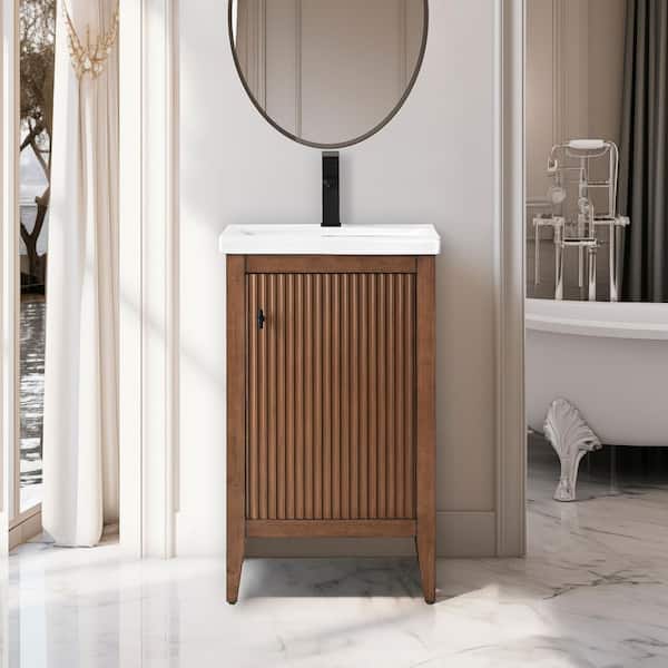 20 in. W x 15.7 in D x 34 in. H Single Sink Bathroom Vanity Cabinet in Linear Walnut with White Ceramic Top