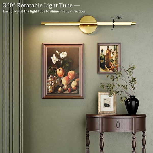 24 in. Modern Gold Battery Operated Wall Sconce (Set of 2) 360° Rotatable Dimmable Rechargeable Wall Light with Remote