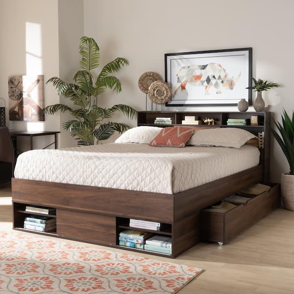Baxton Studio Tristan Dark Brown Queen, Wood Platform Bed Frame Queen With Storage
