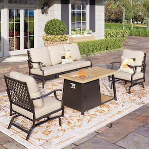 Black Metal Meshed 5 Seat 4-Piece Steel Outdoor Fire Pit Patio Set With Beige Cushions, Metal Rectangular Fire Pit Table