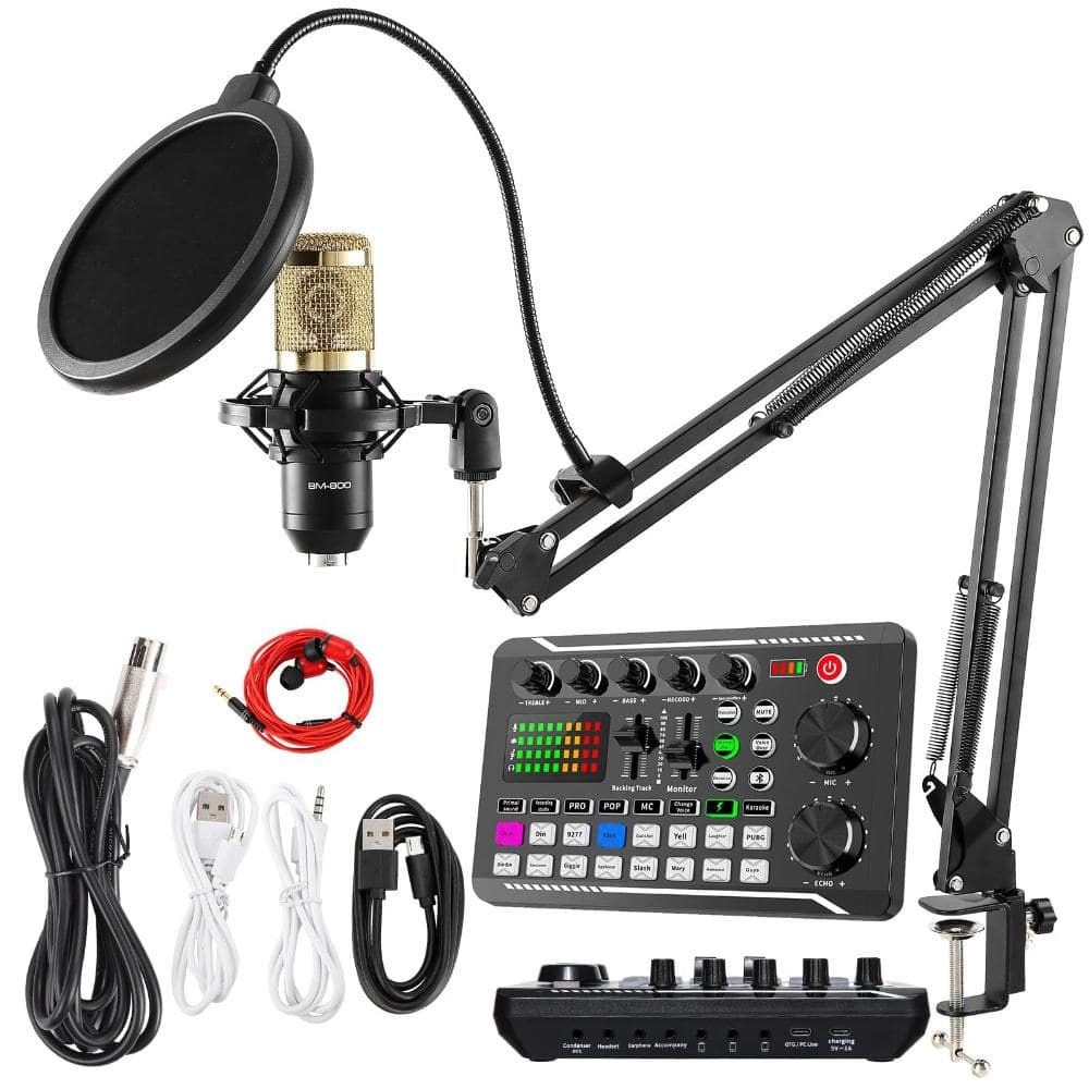 PBTEK Podcast audio mixer with condenser microphone bundle and live sound card kit in black studio