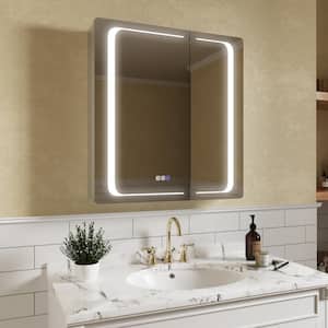 Vogue 30 in. W x 32 in. H Rectangular Silver Aluminum Recessed/Surface Mount Dimmable Medicine Cabinet with Mirror LED