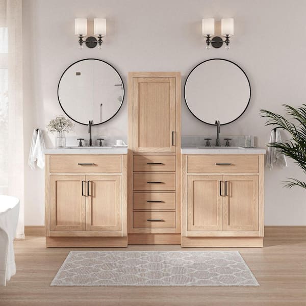 Hepburn 3-Piece 80 in. Wide Double Sink Bath Vanity And Linen Cabinet Set In Oak With Carrara White Quartz Top