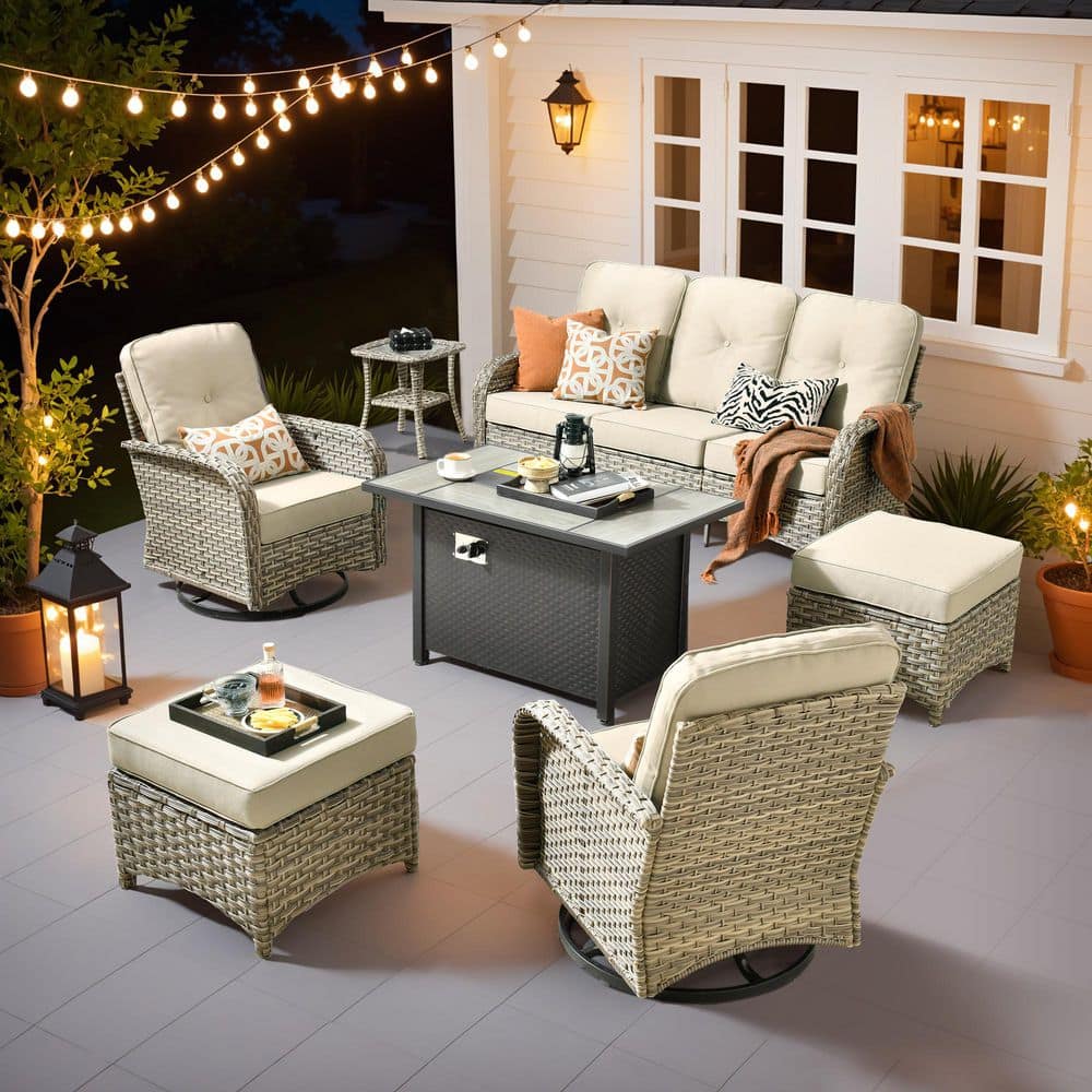 Gerbera C 7-Piece Wicker Patio 42 in. Fire Pit Conversation Set with Swivel Rocking Chairs and Beige Cushions price history on PriceWatchPro