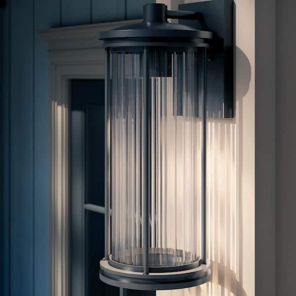 Barras 20.25 in. 1-Light Outdoor DarkSky Approved Wall Sconce with Clear Ribbed Glass in Black