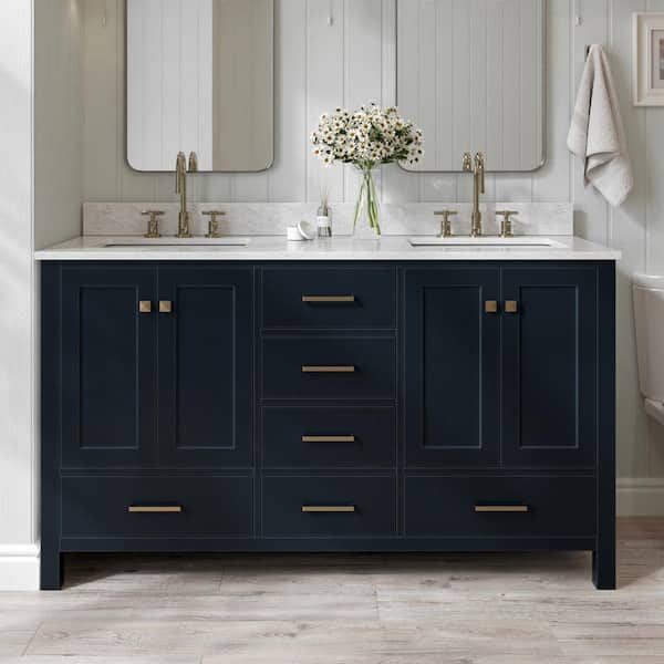 ARIEL Cambridge 60 in. Double Sink Freestanding Bathroom Vanity in Midnight Blue with Carrara White Marble Top