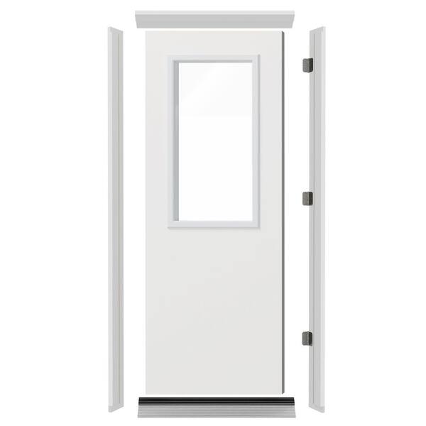 32 in. x 80 in. White Half-Lite Clear Glass Pre-hung Front Door with Door Header, Legs, Sill & Right-Handed Hinge Kit