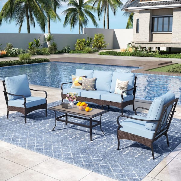 PHI VILLA Brown Rattan 4-Piece 5 Seat Steel Outdoor Patio Conversation Set with Blue Cushions and Wood-Grain Table