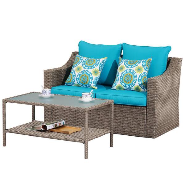 Sudzendf 2-Piece Wicker Patio Conversation Set with Blue Cushions ...