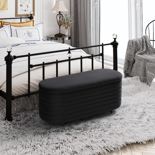 WESTINFURNITURE Farrah 42 in. Wide Oval Velvet Upholstered Entryway Flip Top Storage Bedroom Accent Bench in Black