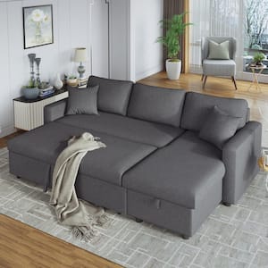 87.4 in. Gray Fabric Twin Size Sleeper Sectional Sofa Bed with Storage Space and 2 Tossing Cushions