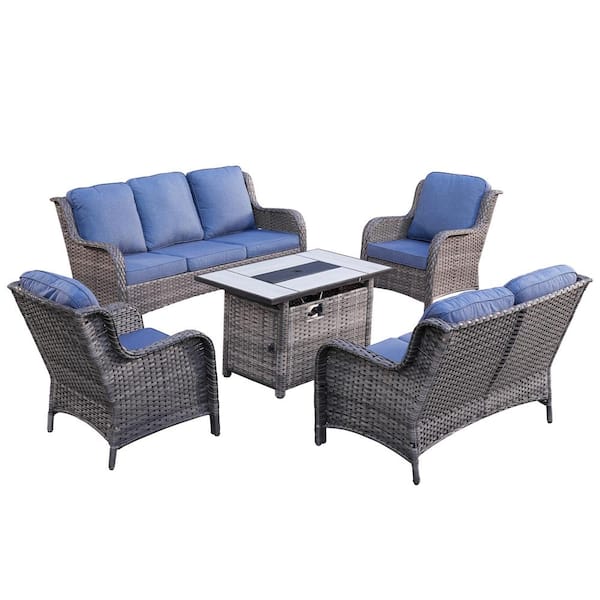 XIZZI Daydreamer Gray 5-Piece Wicker Patio Fire Pit Set with Rectangular Denim Blue Cushions
