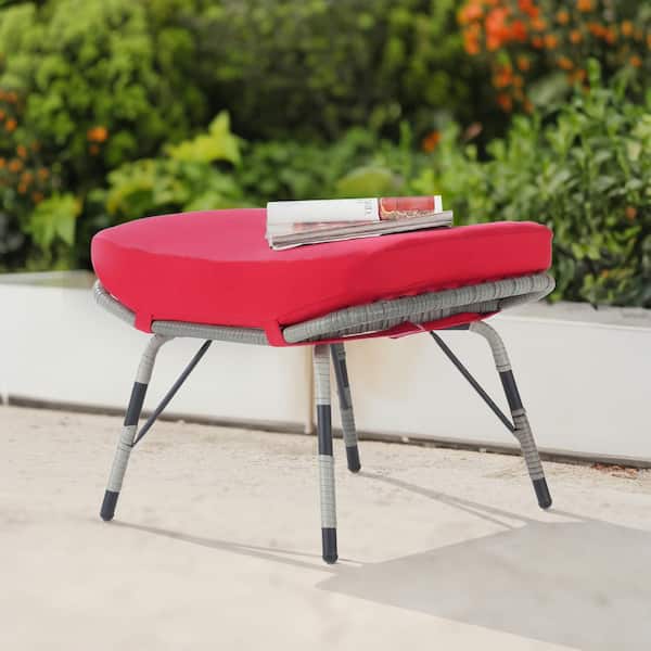 SANSTAR Gray Wicker All Weather Rattan Outdoor Ottoman with Removable Gray Cushions
