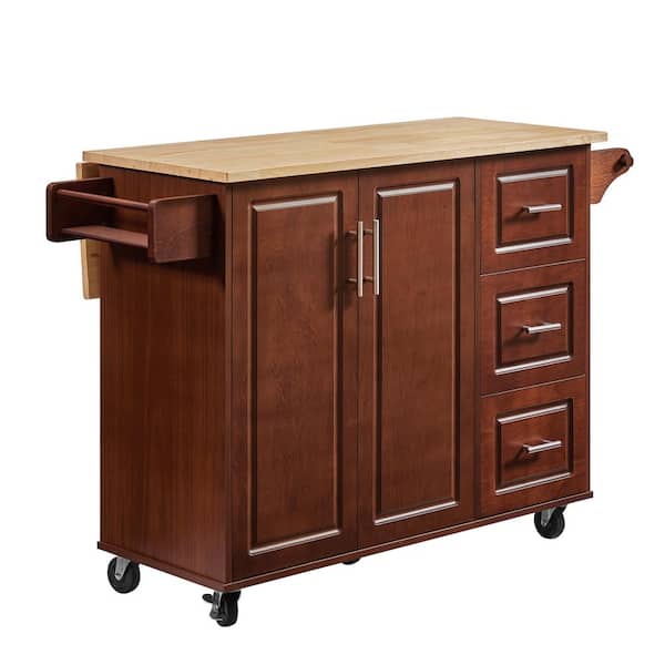 Brown Drop Leaf Wood Top 54 in. Kitchen Island Cart with 3 Drawers Locking Casters and Storage Shelves