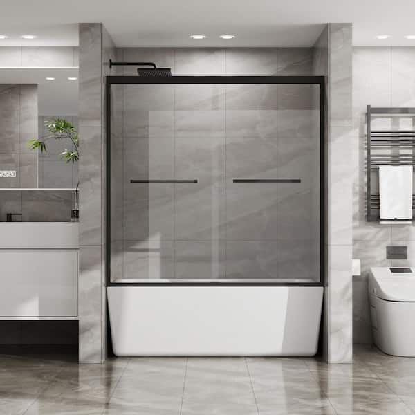 56-60 in. W x 58 in. H Sliding Tub Door in Black with Clear Glass