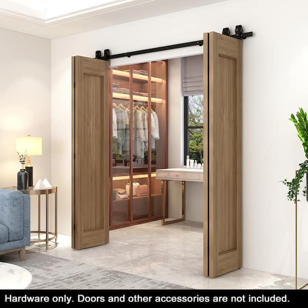 CALHOME 75 in. Black Double Bi-Fold Top Mount Sliding Barn Door Track and Hardware Kit