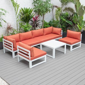 Chelsea 7-Piece Patio Sectional And Coffee Table Set White Aluminum With Orange Cushions