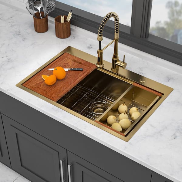 33 in. L x 22 in. W Drop-In Single Bowl 16-Gauge Stainless Steel Kitchen Sink in Gold