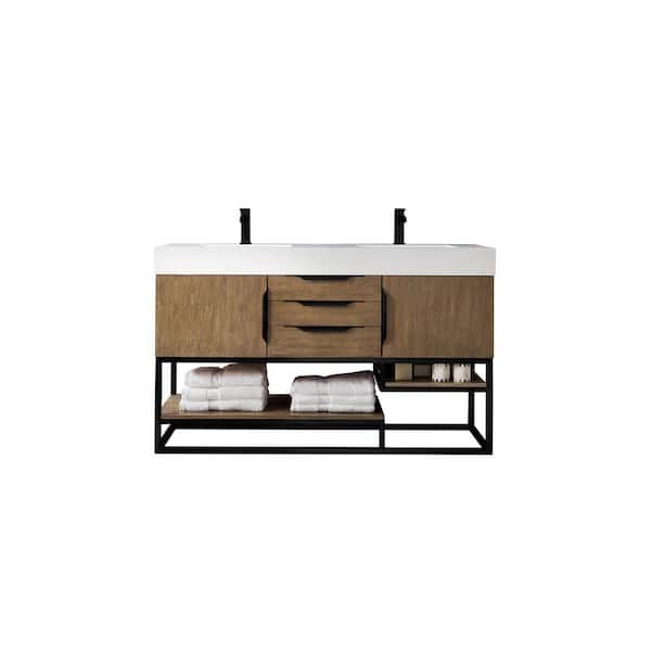 James Martin Vanities Columbia 59.0 in. W x 19.5 in. D x 36 in. H Double Bathroom Vanity in Latte Oak with Glossy White Composite Stone Top