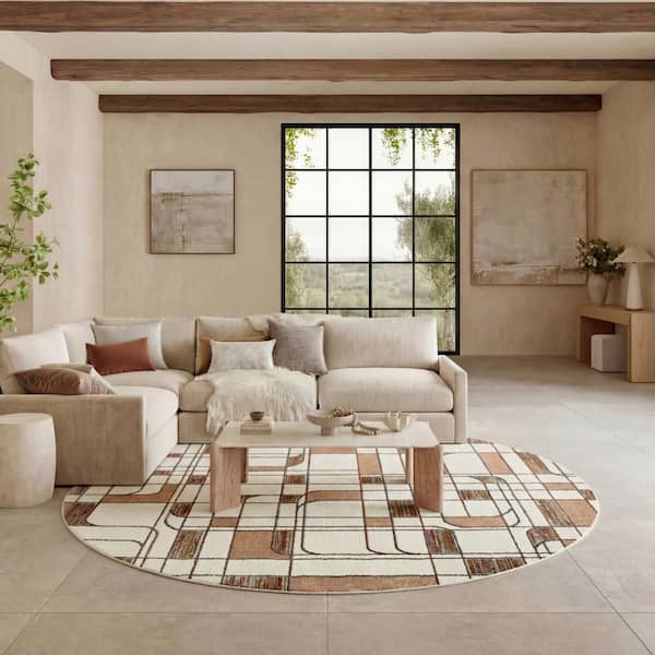 Nordic Ivory Rust 8 ft. Round ft. x 8 ft. Abstract Contemporary Area Rug
