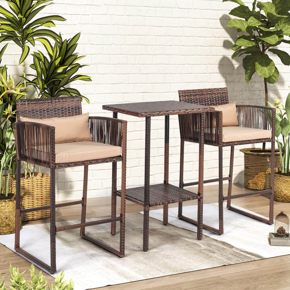 Brown Steel and Wicker Bar Height Outdoor Set with Beige Cushions