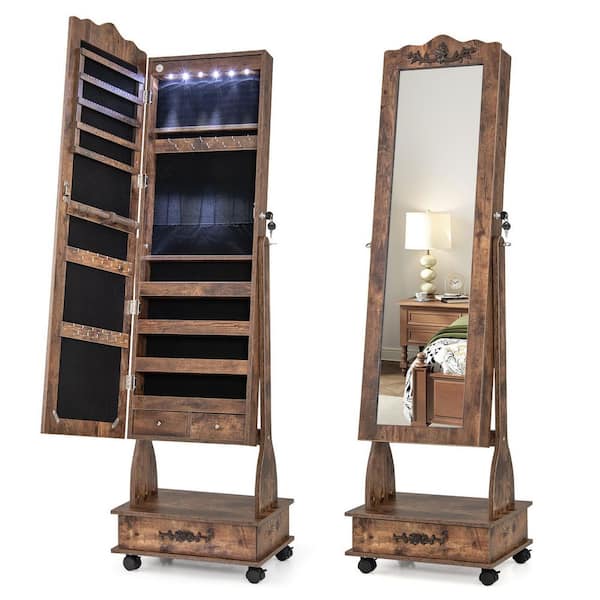 Rolling Floor Standing Mirrored Jewelry Armoire Cabinet Storage Organizer with Lock and Drawers