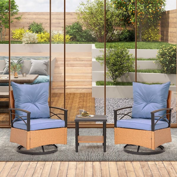 HOMMOW 3-Piece Outdoor 360° Swivel Patio Chairs Bistro Set, Wicker Patio Conversation Set with Cushions and Coffee Table, Blue