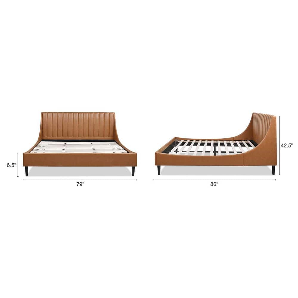 King-Size Caramel Tan Faux Leather Bed with Vertical Tufted Headboard
