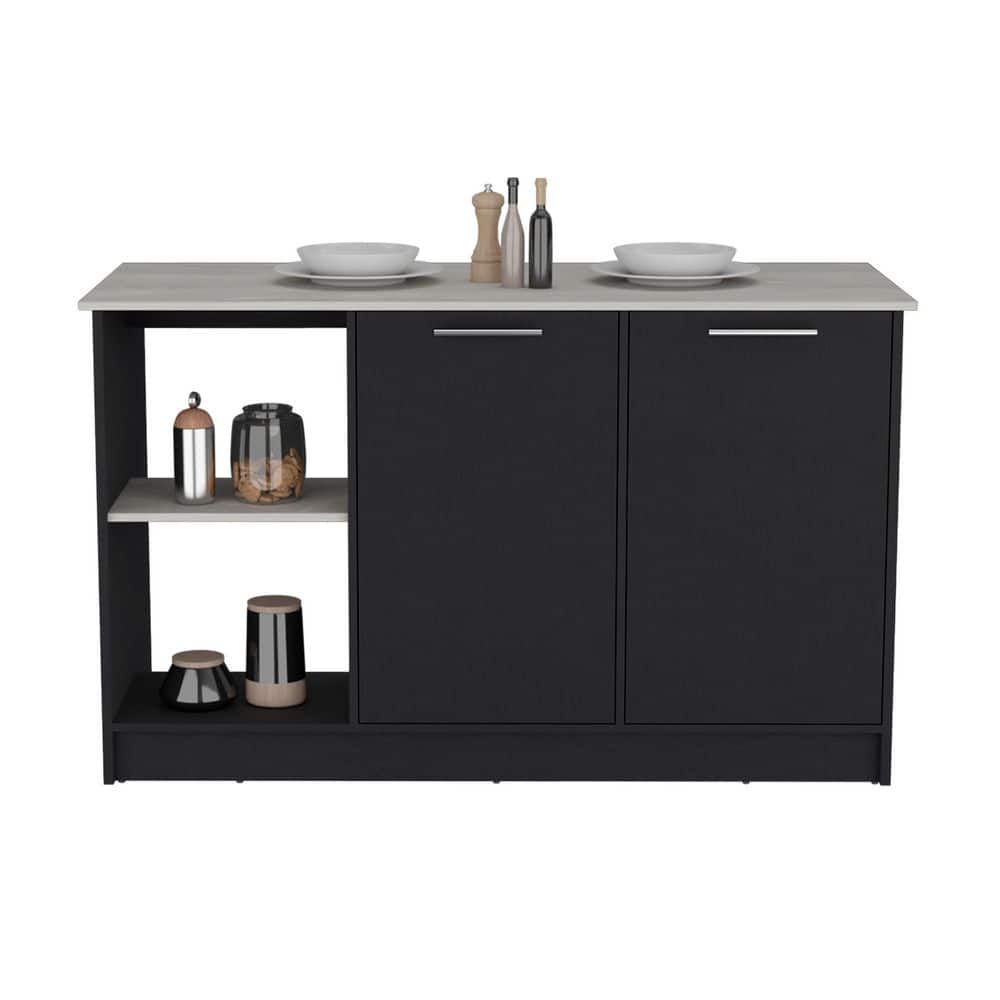 Black Wood 59.0 in. Kitchen Island with Open Storage Shelves and Double Door Cabinet