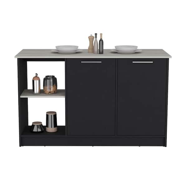 Black Wood 59.0 in. Kitchen Island with Open Storage Shelves and Double Door Cabinet