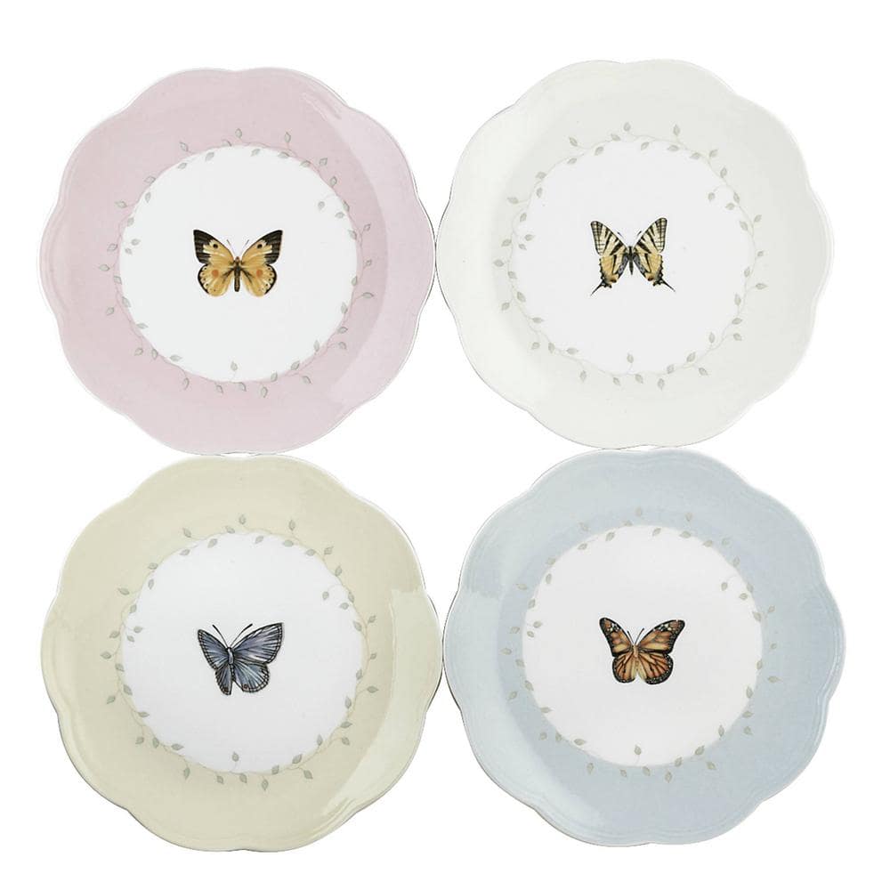White Set of 4 Lenox Butterfly Meadow Assorted Blue Dessert Plates 