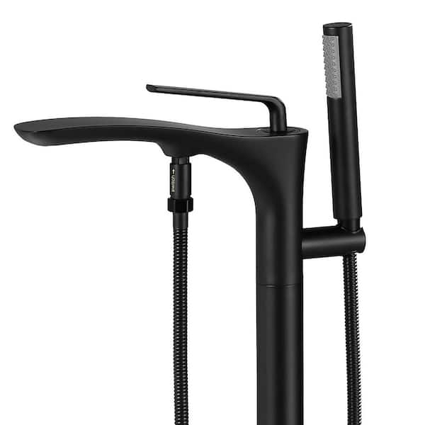 AKLFGN Single-Handle Floor-Mount Roman Tub Faucet with Hand Shower in Matte Black